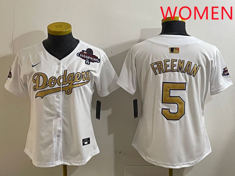 Women Los Angeles Dodgers #5 Freeman White Champion gold character 2025 Nike MLB Jersey style 4123->women mlb jersey->Women Jersey
